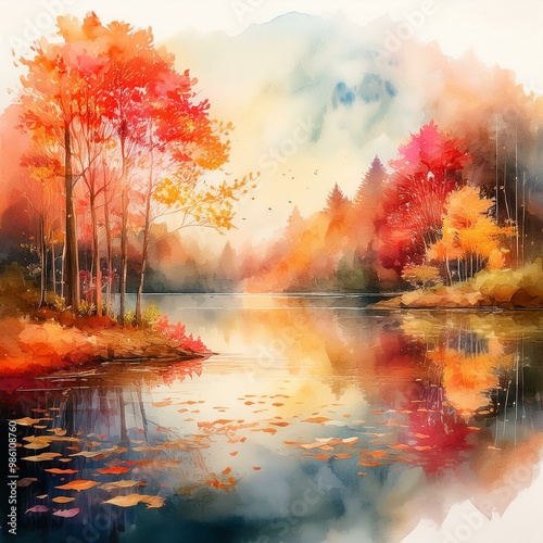 Tranquil watercolor illustration of an autumn lake surrounded by vibrant trees with colorful reflections, capturing a peaceful and scenic fall atmosphere.