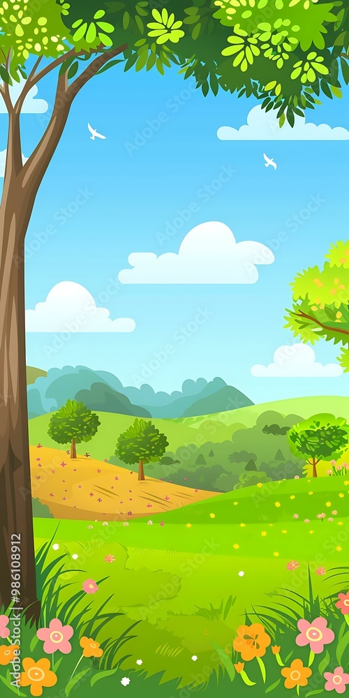 Beautiful Nature Illustration with Green Grass, Trees, and Blue Sky Beautiful Nature Illustration with Green Grass, Trees, and Blue Sky