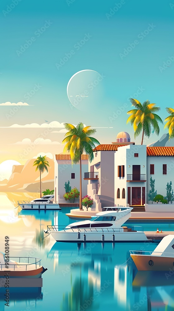 Fototapeta premium Tropical Villa with Palm Trees and Yachts in the Bay