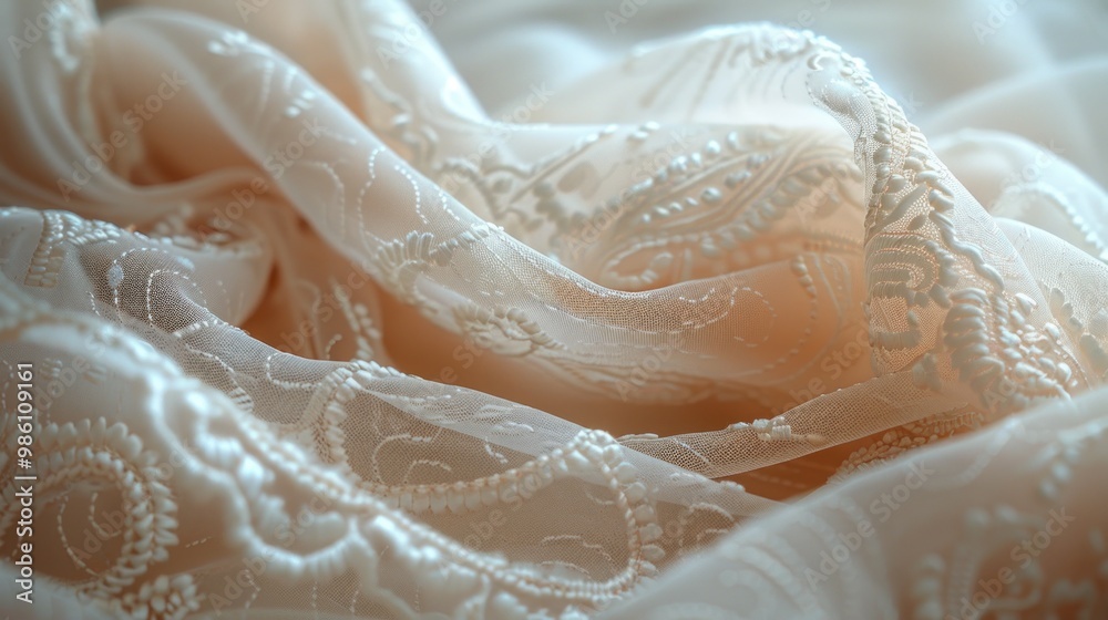 Delicate ivory fabric with intricate embroidery showcased in soft folds under gentle natural light. Generative AI Delicate ivory fabric with intricate embroidery showcased in soft folds under gentle natural light. Generative AI