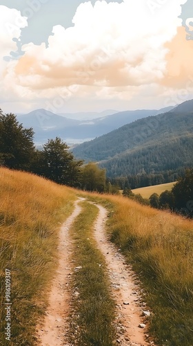 Mountain Road Leading Through Grassy Meadow