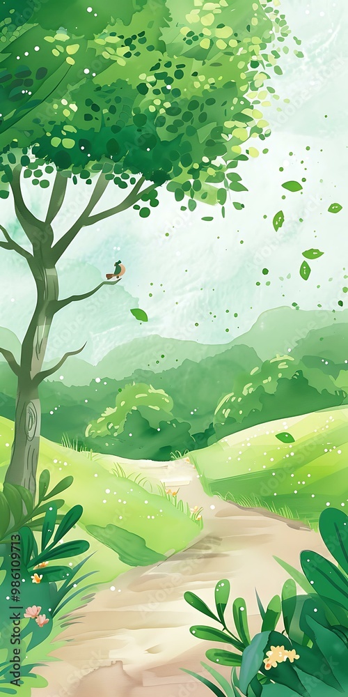 Fototapeta premium Green Watercolor Illustration Of Forest With Path And Birds