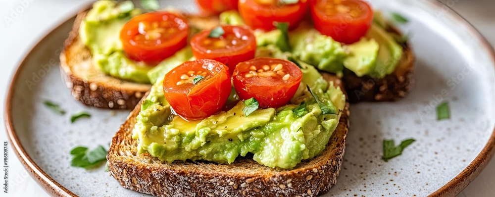 Delicious avocado toast topped with fresh tomatoes, perfect for a healthy breakfast or snack option on a stylish plate. Delicious avocado toast topped with fresh tomatoes, perfect for a healthy breakfast or snack option on a stylish plate.