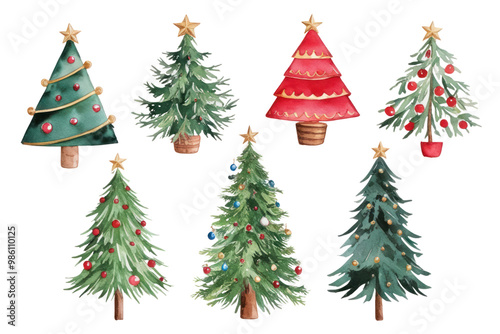 A watercolor image of Christmas trees and decorations on a white background creates a warm atmosphere of holiday and magic