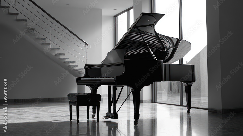 Black grand piano in a modern living room with large windows and a ...