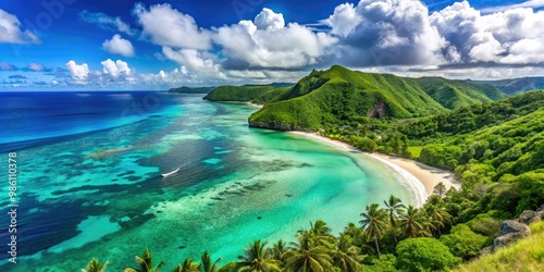 The tropical paradise of Guam unfolds before you, with crystal-clear waters lapping at powdery white sandy beaches and verdant hills rising above. photo