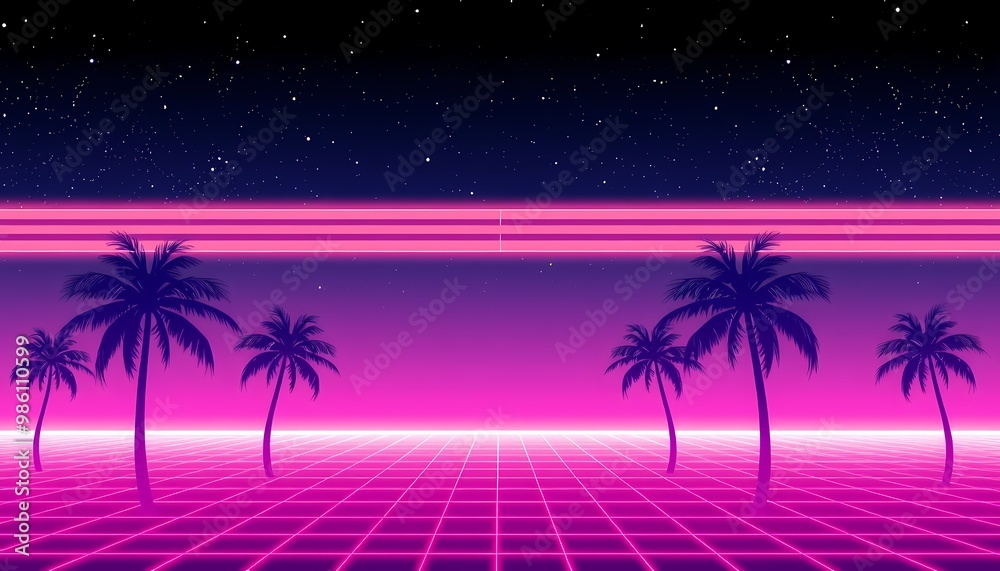 Fototapeta premium palm tree on the beach at night neon light landscape