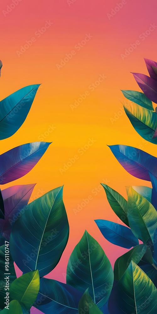 Fototapeta premium Tropical Leaves on Orange and Pink Gradient Background