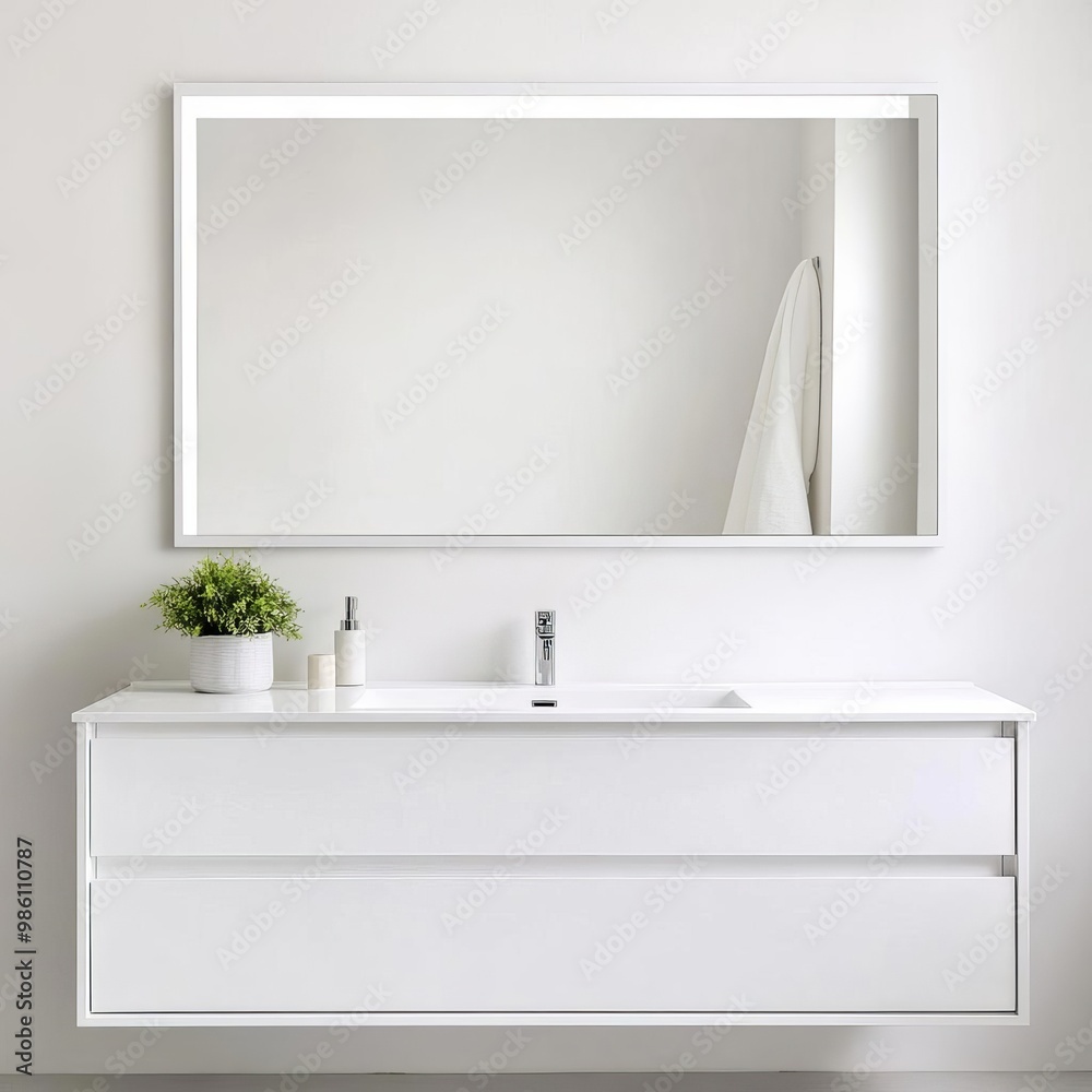 Fototapeta premium Frameless mirror with integrated LED lighting in a clean, white bathroom, minimalist bathroom mirror, modern simplicity