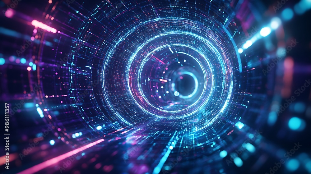 Obraz premium Abstract digital tunnel with neon lights and swirling patterns.