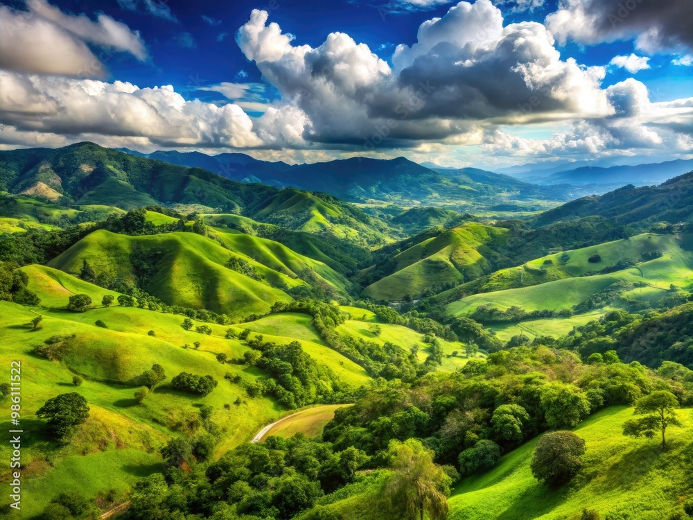 Obraz premium Tolima's picturesque landscape comes alive with majestic green mountains and distant hills, harmoniously blending earthy tones with an unbroken sense of tranquility.