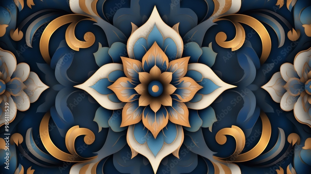 Elegant floral pattern featuring intricate designs in blue and gold tones, perfect for decorative purposes and textile designs. Elegant floral pattern featuring intricate designs in blue and gold tones, perfect for decorative purposes and textile designs.