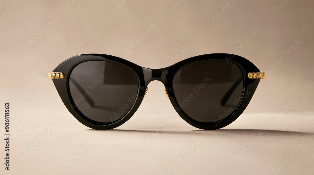 Black cat-eye sunglasses with gold accents on a light brown background. Black cat-eye sunglasses with gold accents on a light brown background.