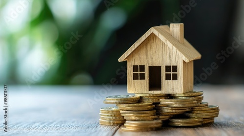 A small wooden house model on a stack of coins, symbolizing mortgage payments and building financial wealth through real estate.