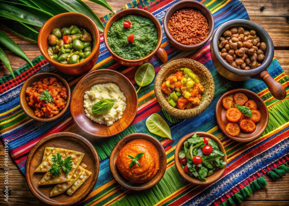Traditional Nicaraguan cuisine is presented with flair on a wooden table, beautifully paired with ceramic bowls and handwoven textiles in a burst of color. Traditional Nicaraguan cuisine is presented with flair on a wooden table, beautifully paired with ceramic bowls and handwoven textiles in a burst of color.