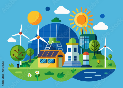 Renewable energy sources windmill solar panels vector illustration