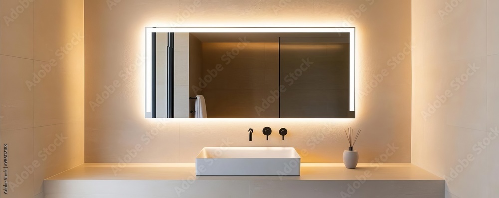 Frameless rectangular mirror with integrated lighting in a beige minimalist bathroom, minimalist bathroom mirror, warm elegance