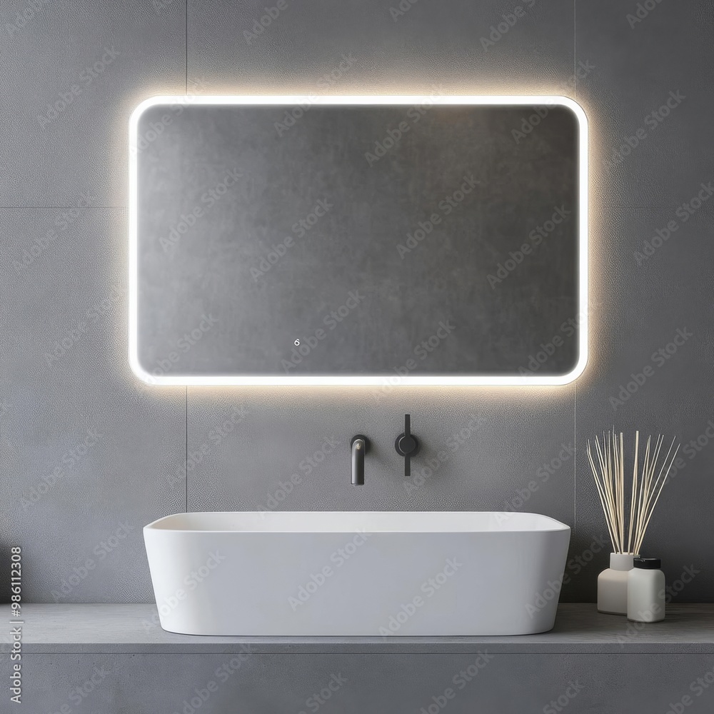 Frameless rectangular mirror with built-in lighting above a white vanity, minimalist bathroom mirror, sleek modern design Frameless rectangular mirror with built-in lighting above a white vanity, minimalist bathroom mirror, sleek modern design
