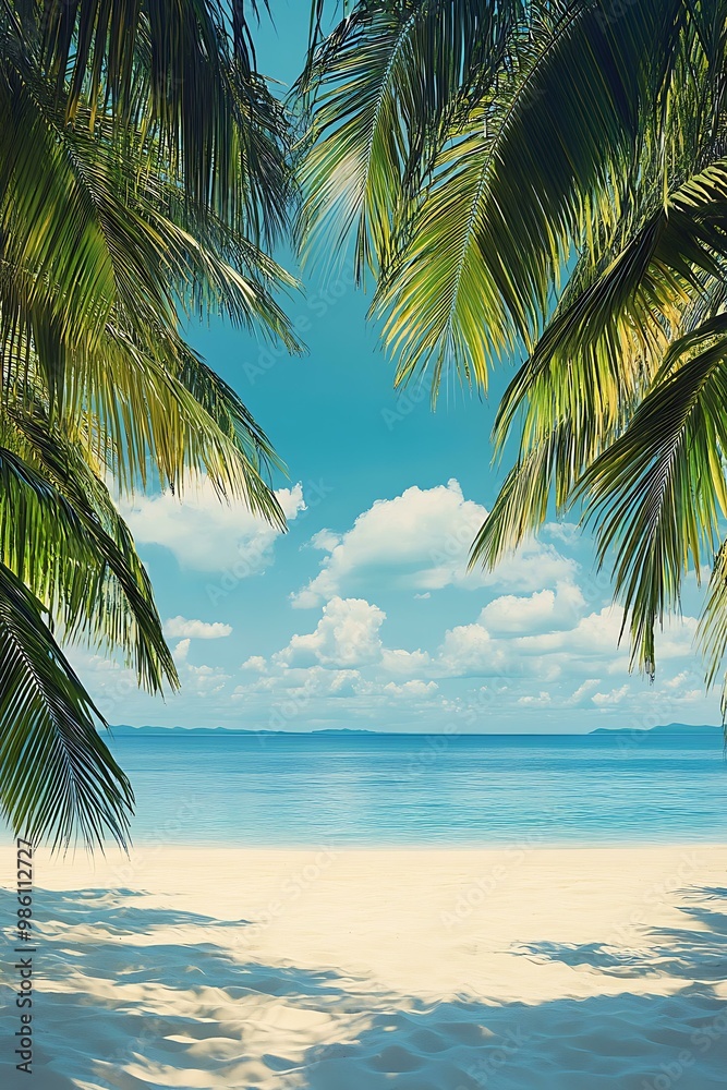 Fototapeta premium Tropical Beach with Palm Trees and Blue Sky