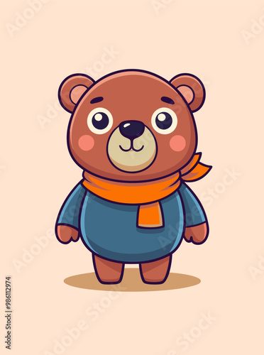 Cute little bear cartoon with orange scarf, vector illustration for winter design.