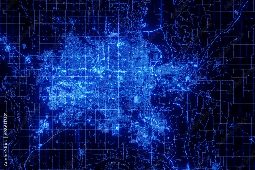 Street map of Omaha (Nebraska, USA) made with blue illumination and glow effect. Top view on roads network
