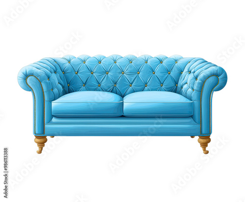 Elegant blue tufted sofa, white isolate background