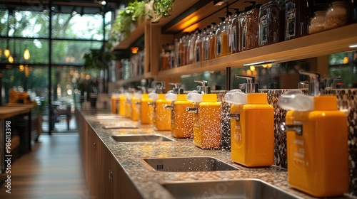 A bright, modern space with dispensers for various liquids.