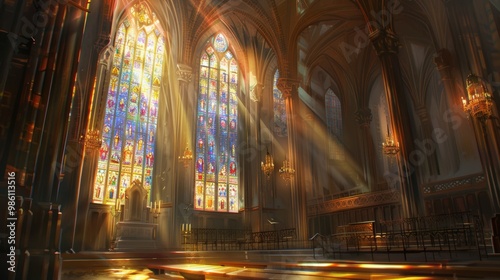 Restored Cathedral with Streaming Light and Stained Glass Windows for Sacred Architecture Reflection Print