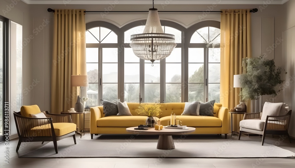 Fototapeta premium Chic and Inviting: An Elegant Modern Living Room Enhanced with Radiant Yellow Accents