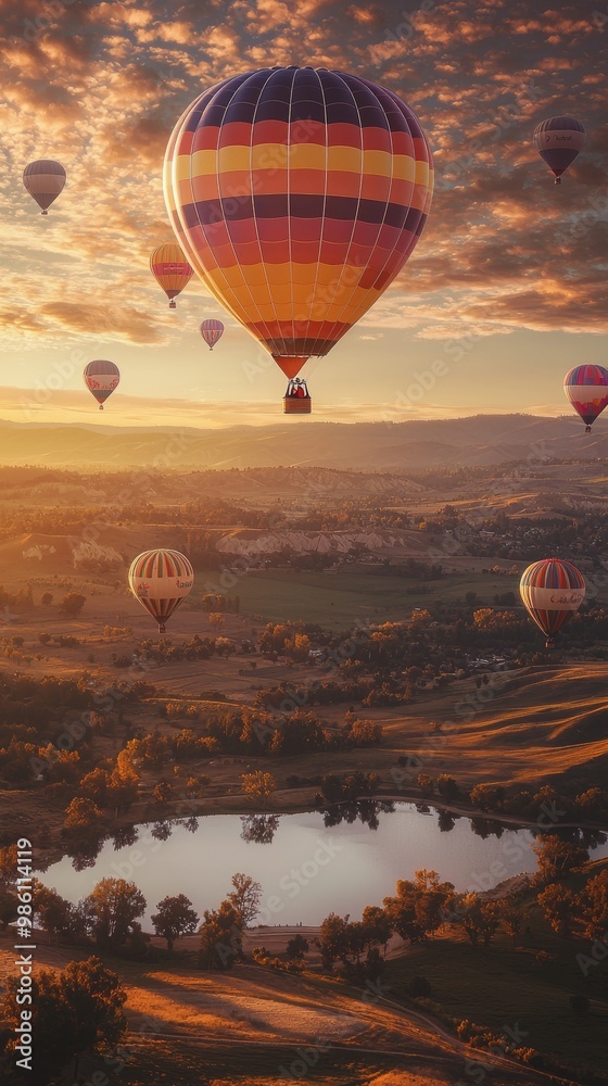 Obraz premium Colorful Hot Air Balloons. Spectacular Sunrise Landscape Background. 