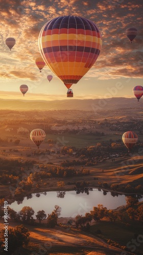 Colorful Hot Air Balloons. Spectacular Sunrise Landscape Background. 