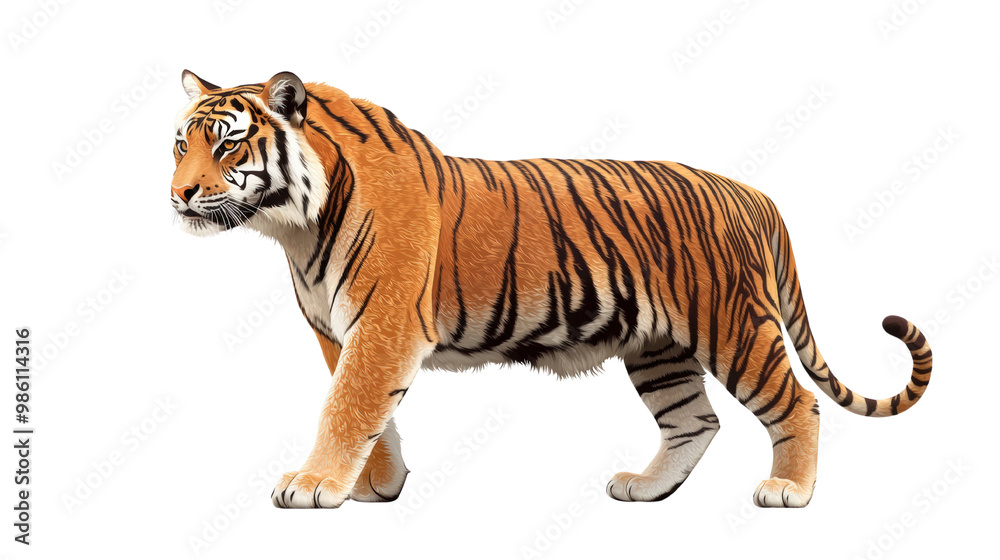 Obraz premium A majestic tiger with distinctive orange and black stripes, walking gracefully, symbolizing the strength, power and beauty of the jungle. Transparent isolated background.