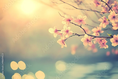 Pink Cherry Blossoms Branch In Blurred Background