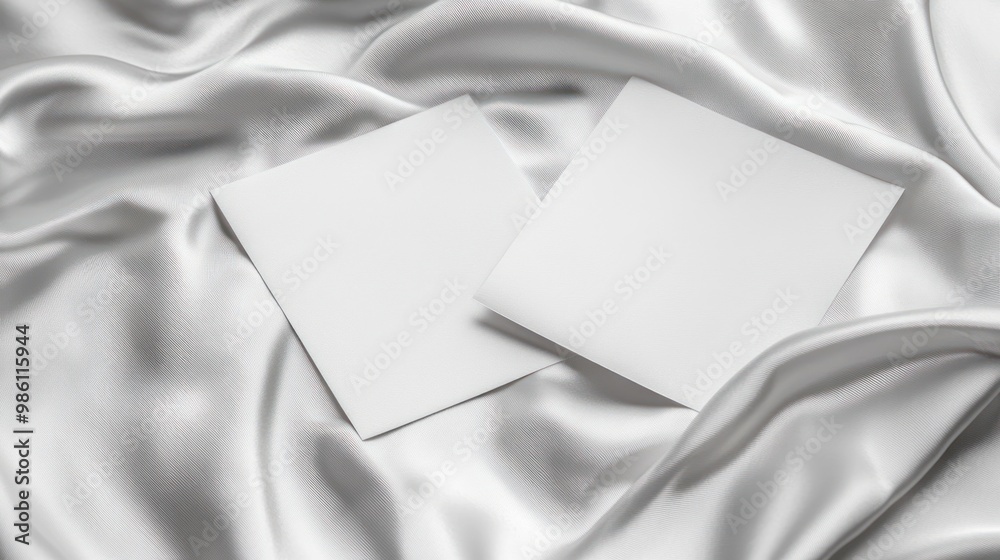 Two blank white cards on a white satin fabric, with a copy space. Two blank white cards on a white satin fabric, with a copy space.
