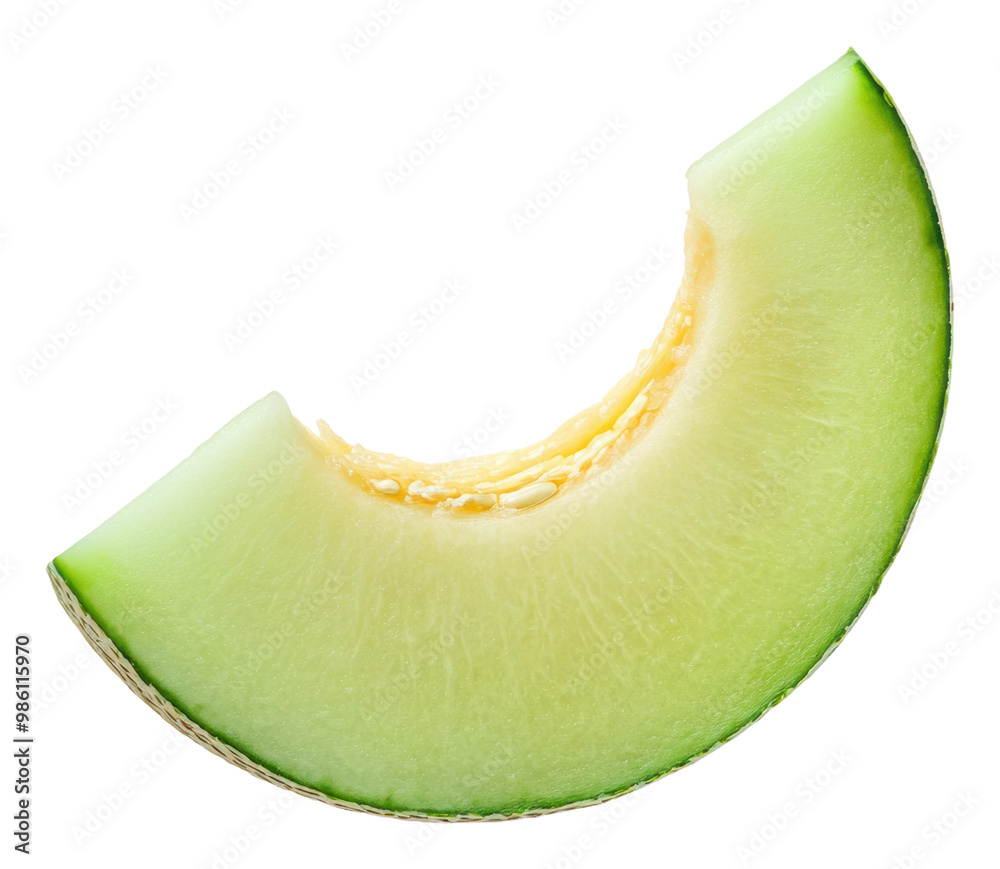 Freshly cut green melon slice with soft interior isolated on transparent background Freshly cut green melon slice with soft interior isolated on transparent background