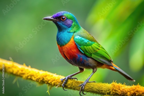 Vivid close-up of an iridescent ani bird perched on a branch with a blurred green background