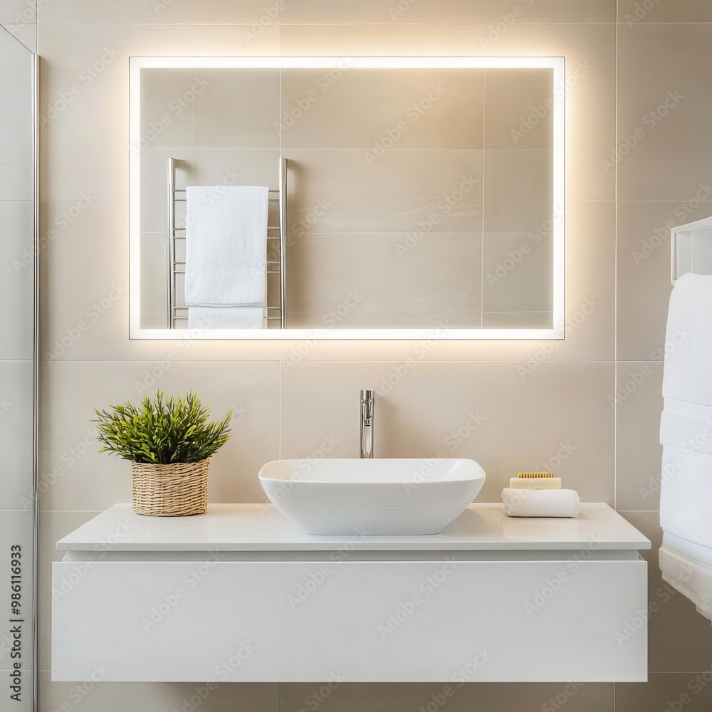 Fototapeta premium Rectangular frameless mirror with integrated lighting above a floating vanity, minimalist bathroom mirror, modern simplicity