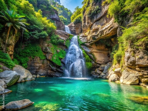 Water tumbles over the rugged cliff, creating a mesmerizing display as it plunges into a serene pool, surrounded by a tapestry of emerald hues and tropical foliage.