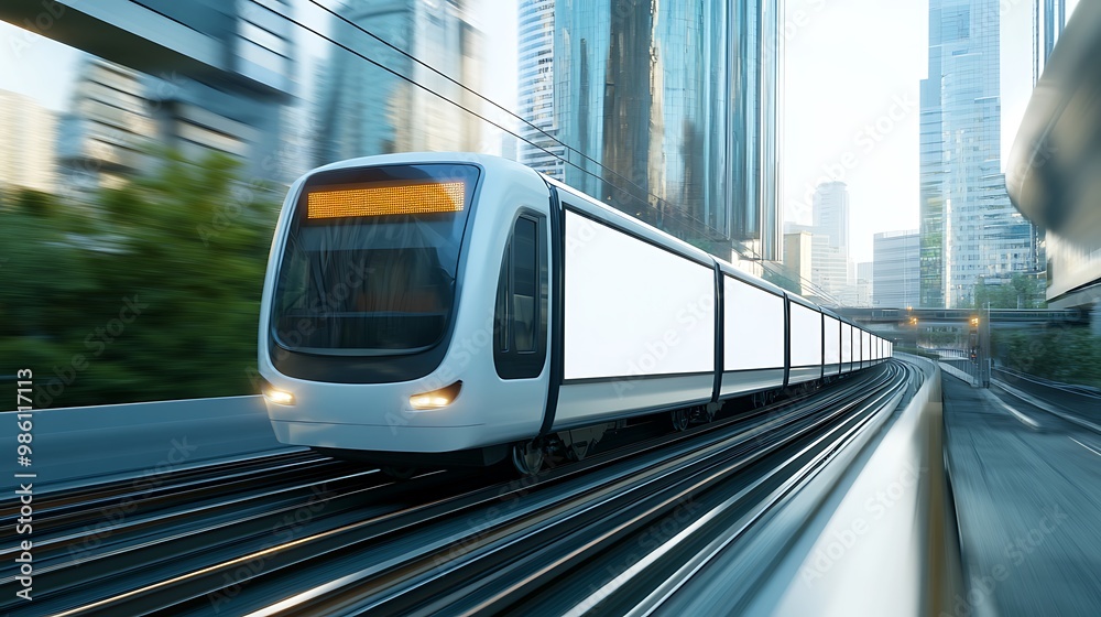 Naklejka premium A high-speed train zooms through a city, with blank billboard spaces on its sides.