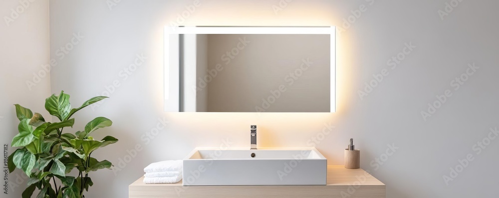 Rectangular mirror with integrated lighting in a minimalist bathroom with soft lighting, minimalist bathroom mirror, sleek and modern Rectangular mirror with integrated lighting in a minimalist bathroom with soft lighting, minimalist bathroom mirror, sleek and modern