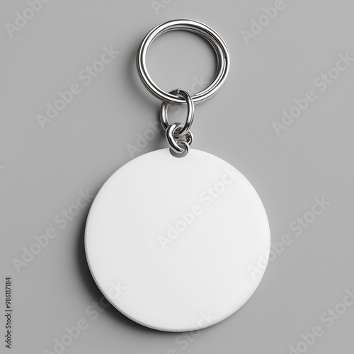 blank round keychain with white surface on gray background. simple blank round keychain with a white surface, ready for customization, displayed on a neutral gray background. ideal for promotional pro