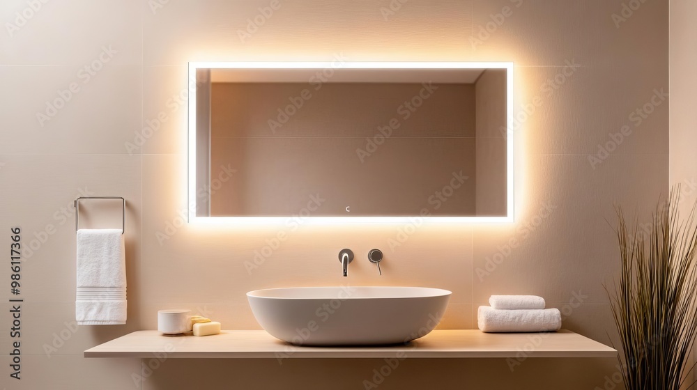 Rectangular mirror with built-in LED lighting in a minimalist bathroom, minimalist bathroom mirror, modern sleek design