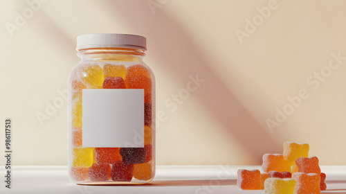 bottle of chewy gummies on neutral background with blank label photo