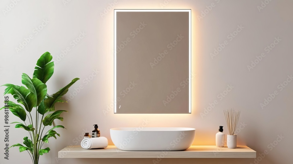 Fototapeta premium Tall frameless mirror with seamless edges and built-in lighting, minimalist bathroom mirror, modern elegance