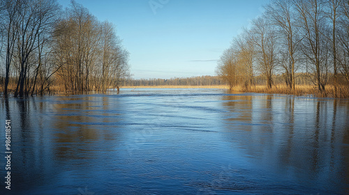 A floodplain completely submerged under water after a river overflow, with only the tops of trees visible, illustrating the extent of flooding and its impact on the landscape.