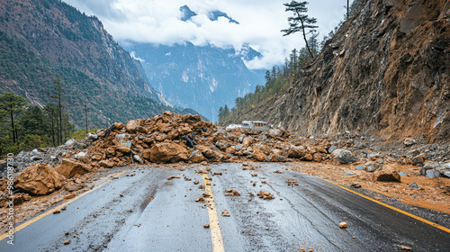 A landslide blocking a mountain road, with rocks and debris piled high, trapping vehicles and cutting off access, highlighting the danger posed by natural disasters in mountainous regions.