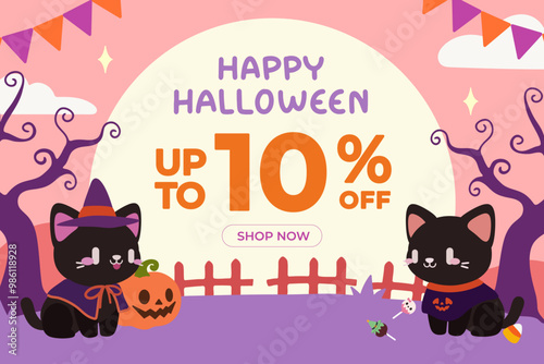 Halloween Sale Banner with Cute Black Cats in Witch Costumes. Happy Halloween Discount Promo Featuring Adorable Cats and Pumpkins. Spooky Halloween Sale Ad with Cute Black Cats and Festive Elements.