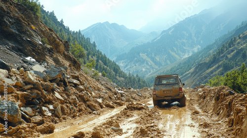 A landslide blocking a mountain road, with rocks and debris piled high, trapping vehicles and cutting off access, highlighting the danger posed by natural disasters in mountainous regions.
