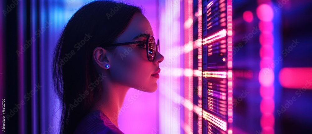 A woman in glasses gazes at illuminated digital displays in a modern tech environment. A woman in glasses gazes at illuminated digital displays in a modern tech environment.