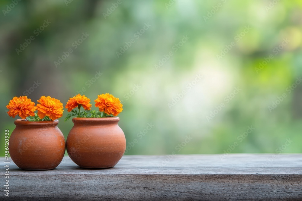 Indian clay pot with flowers and grains on table, traditional religious scene Indian clay pot with flowers and grains on table, traditional religious scene